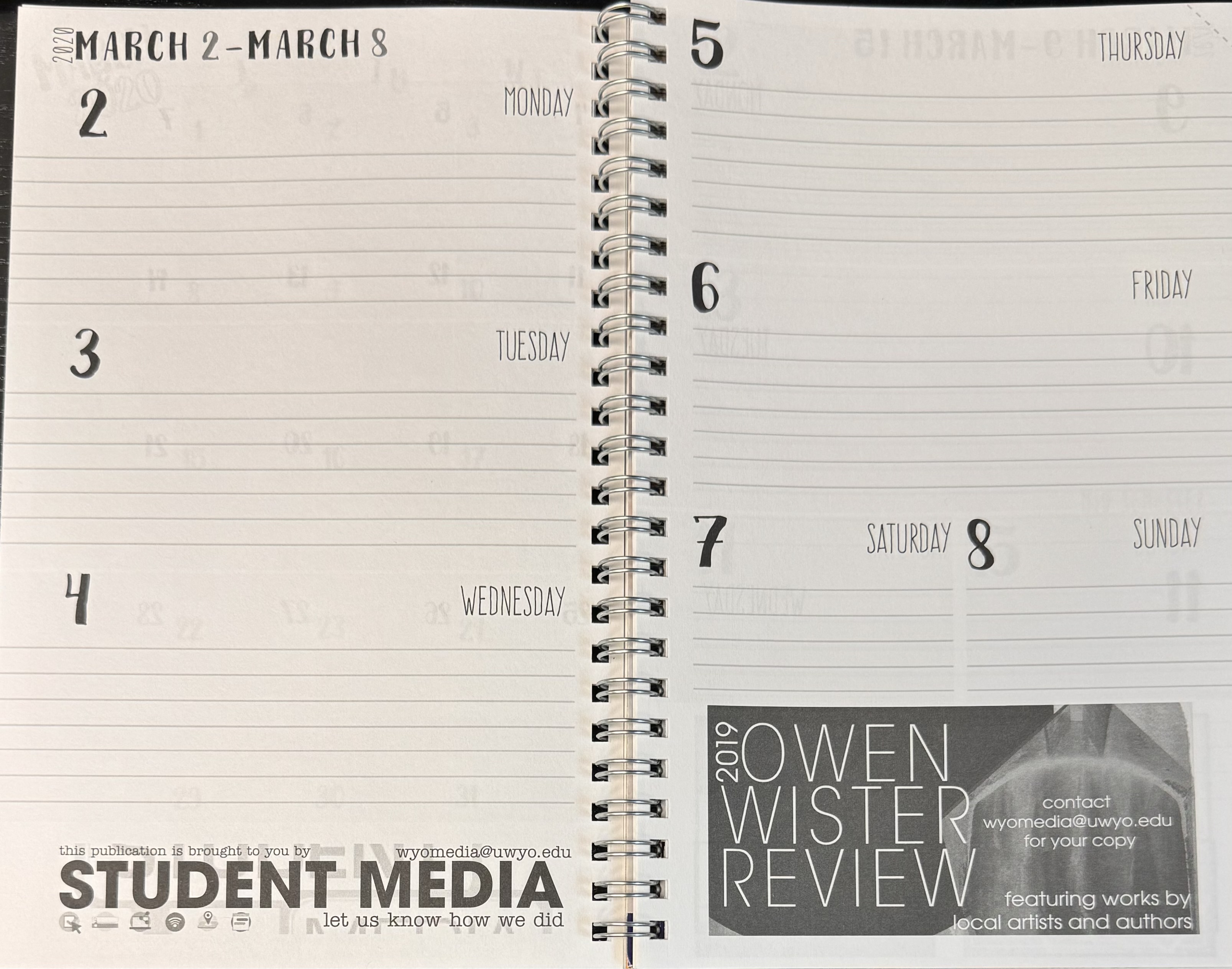 Student media calendar page ad (left) and owen wister review ad (right)