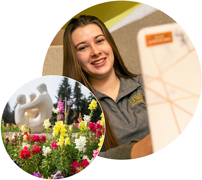 student and flower on campus