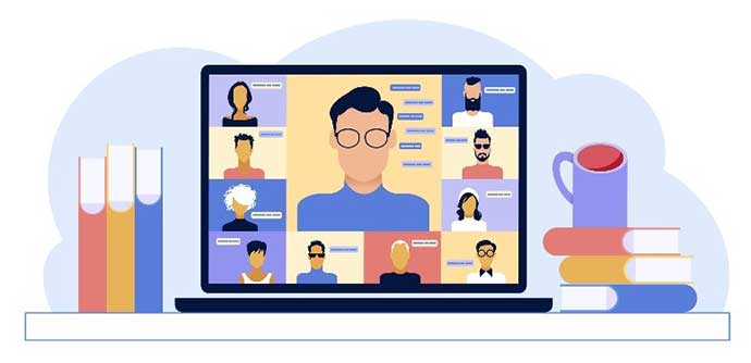 An icon of a laptop displaying an online meeting.