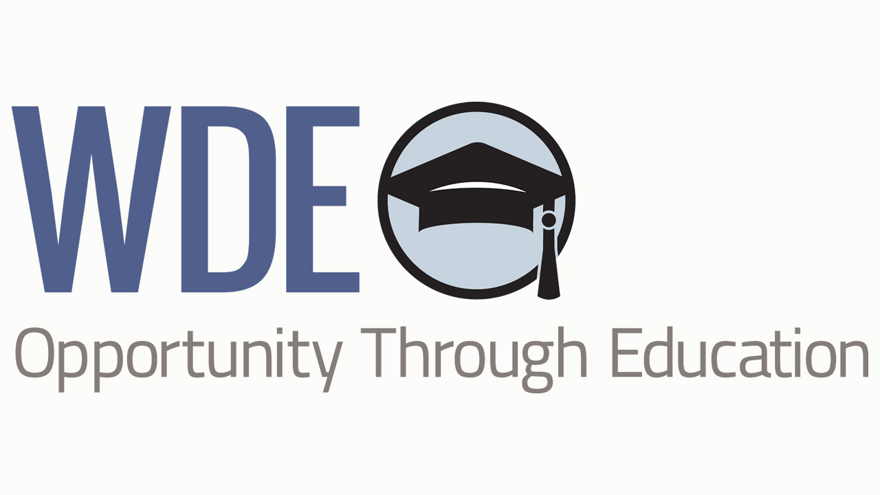 Wyoming Department of Education "Opportunity Through Education" logo; blue background with "WDE" and a graduation mortarboard