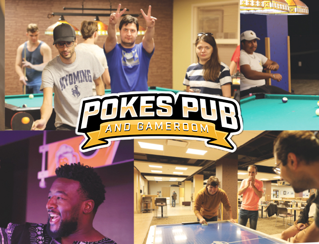 Collage of photos with students having fun at Pokes Pub along with the Pokes Pub Logo