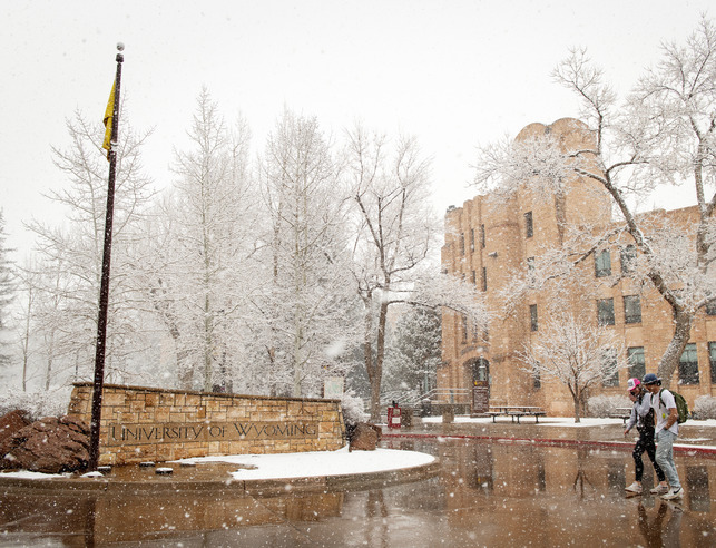 Wyoming Union and UW sign with snow falling