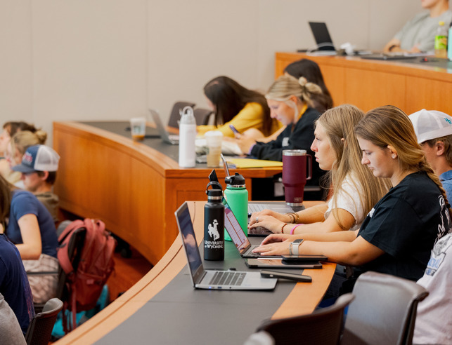 Students with laptops in lecture hall