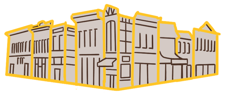 A decorative icon showing silhouettes of old west style buildings in downtown Laramie using the UW colors of gold and brown.