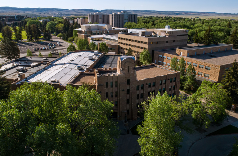 an aerial image of some of the buildings around the University of Wyoming campus