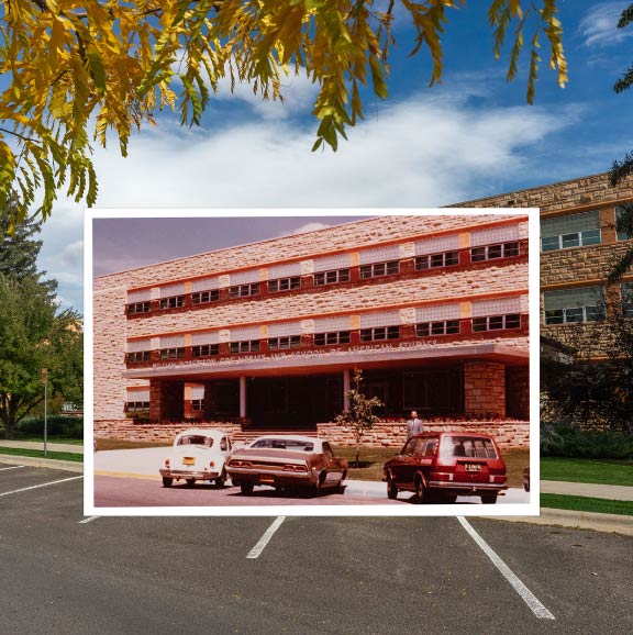 A shot of the West side of Coe Library from 1979 in font of the current day building