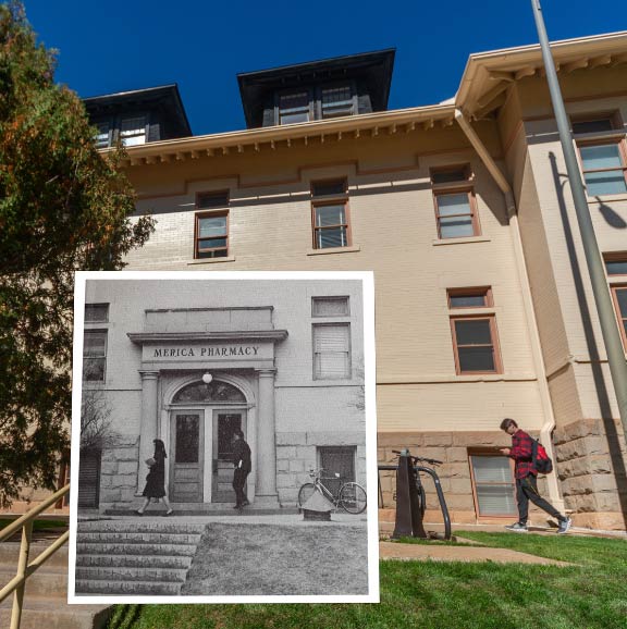 A shot of Merica Pharmacy from 1966 in front of the current day Merica Hall which holds staff and faculty senate