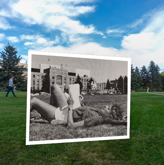 A students photo from the UW 1985 yearbook in front of the current day Prexy's