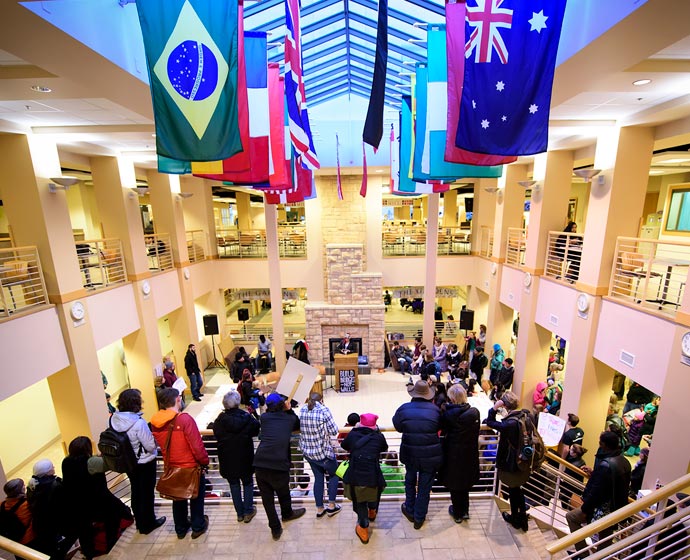 students inside union building on stairs