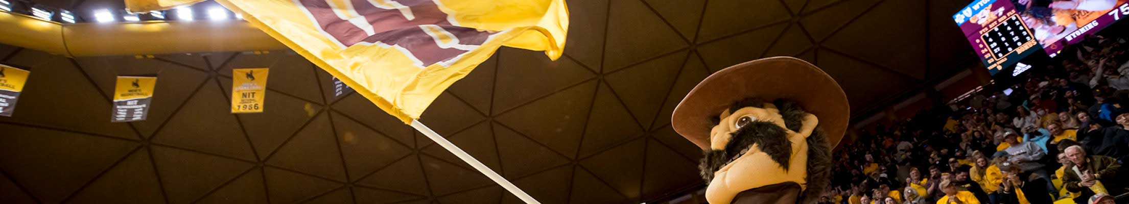 Pistol Pete waving flag at basketball game