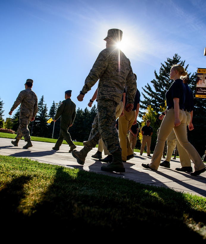 Air Force ROTC students march on campus
