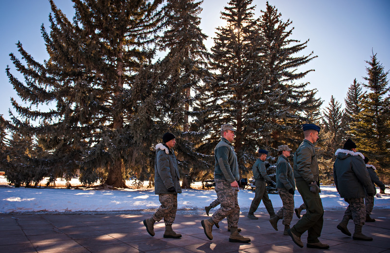 Air Force ROTC students walk around on campus