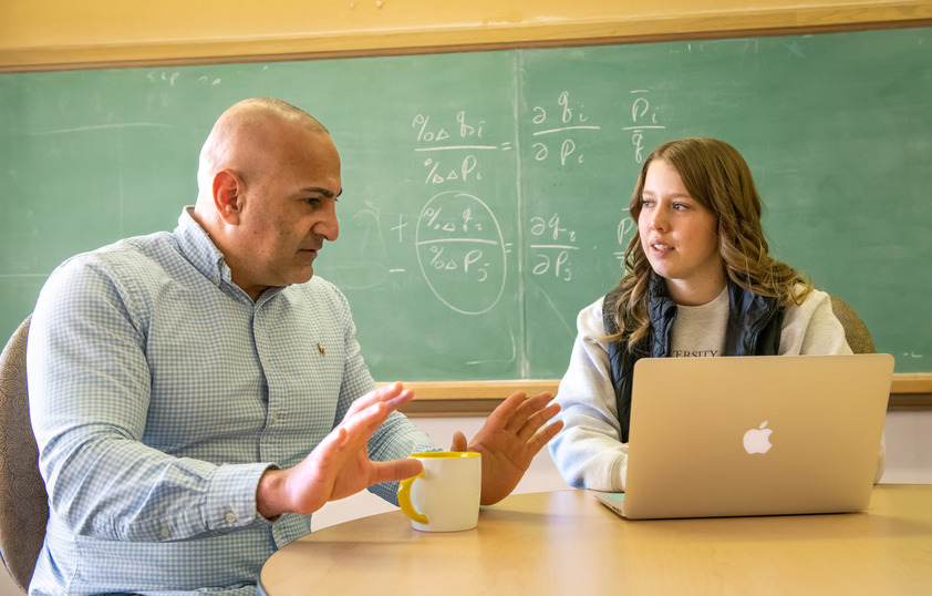 A professor talks to a student working on their laptop