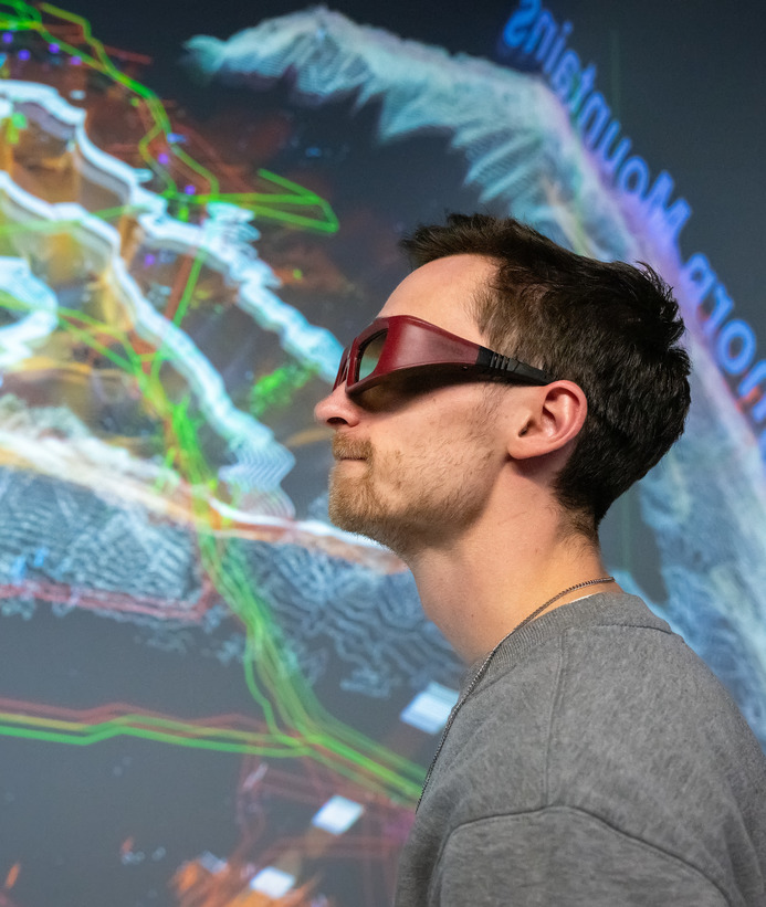 Student wearing VR goggles