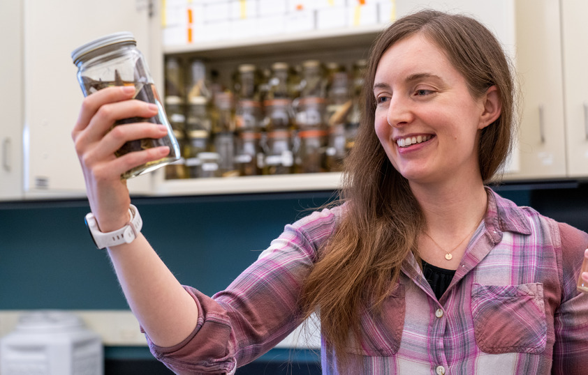 Student looks at jar with plants in it during lab