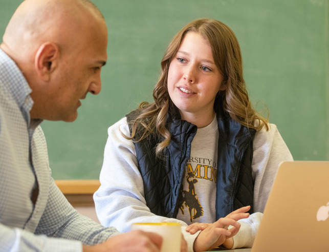 A student studies with a professor in front of a green blackboard