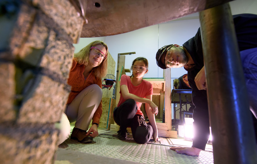 Students and professor working in lab