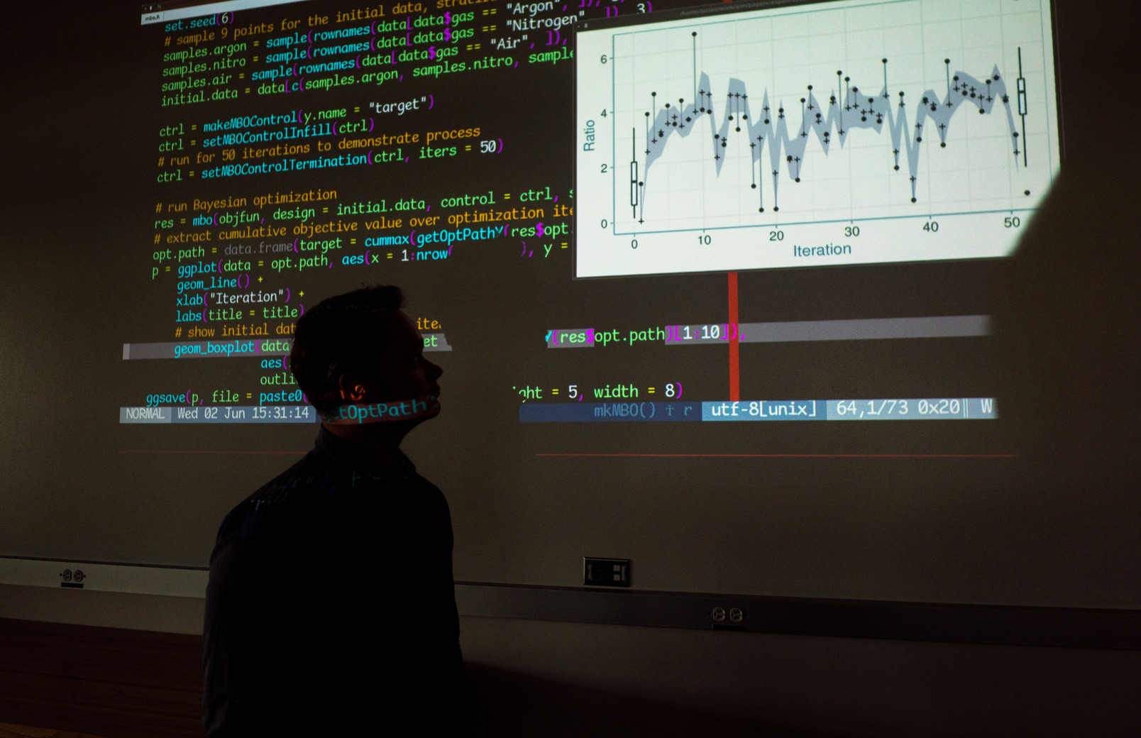 Student standing in front of projector screen with code