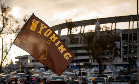 A Wyoming flag outside of War Memorial Stadium