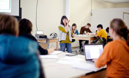 Art professor talking to a class