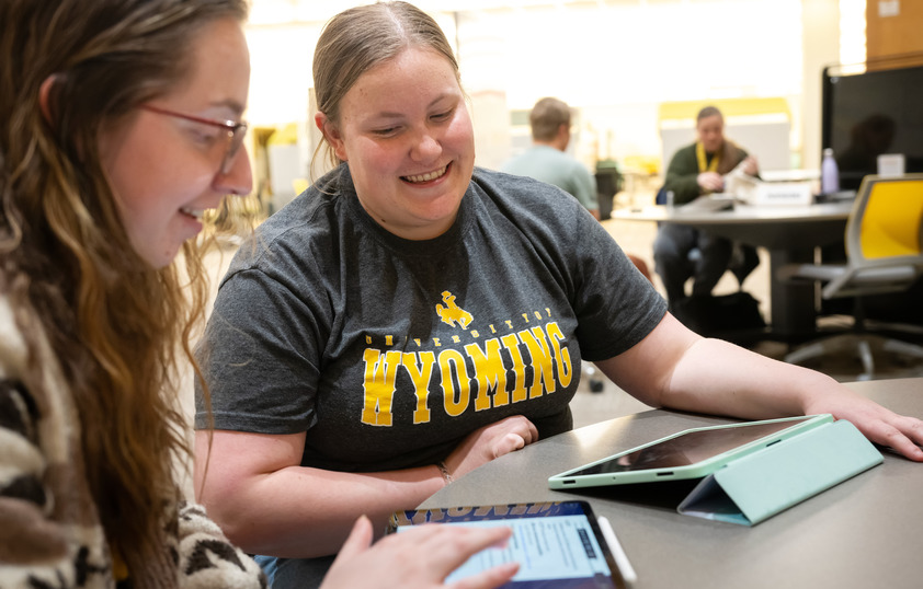 Two students working together in the library