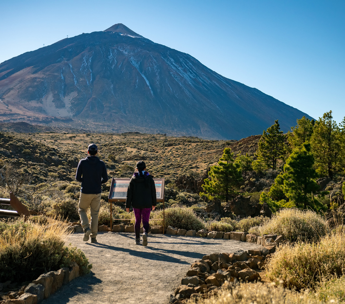 Students walking on trail with mountain in the background