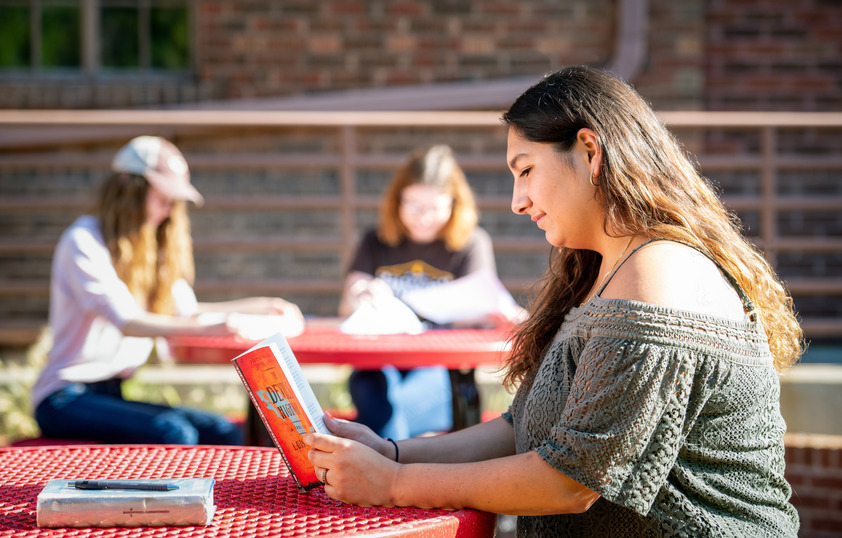 Student reading a book at a picnic table