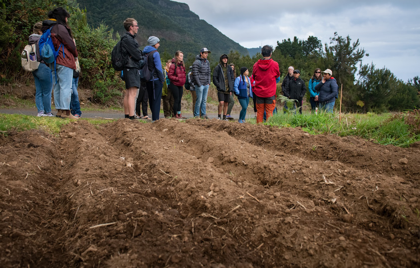 Students listen to a guest faculty member in front of a field during a study abroad trip
