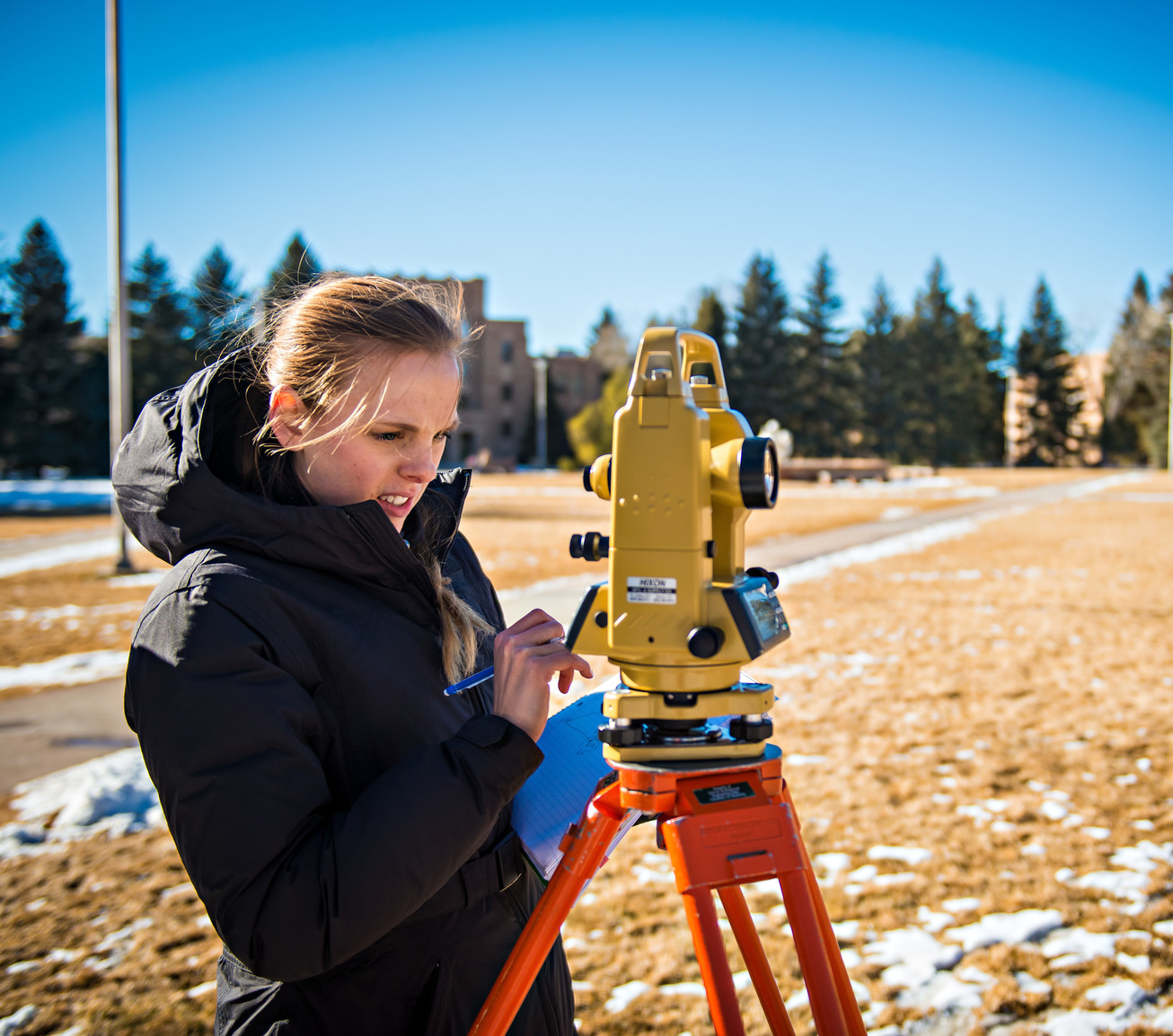 Student surveying on Prexy's