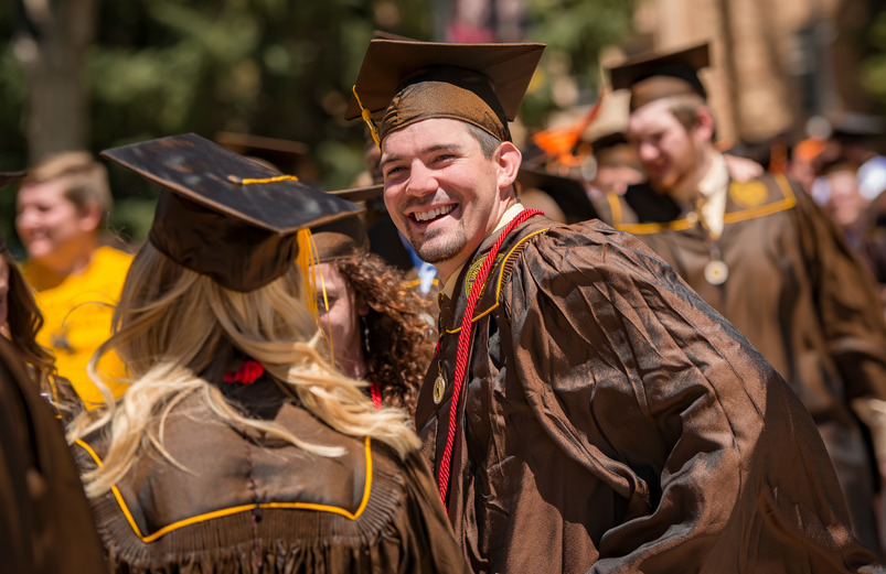 A student smiles after their commencement ceremony