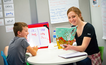 Literacy educator reading with student