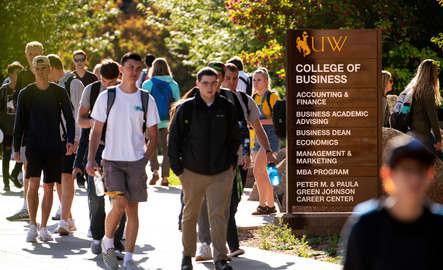 Students walk outside the UW College of Business