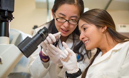 Two students look at a microscope