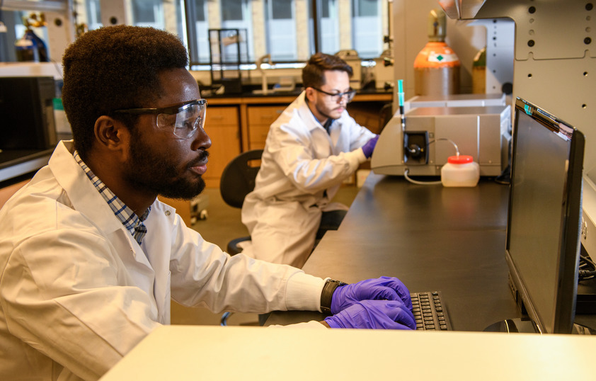 Two researchers working on computers in the lab