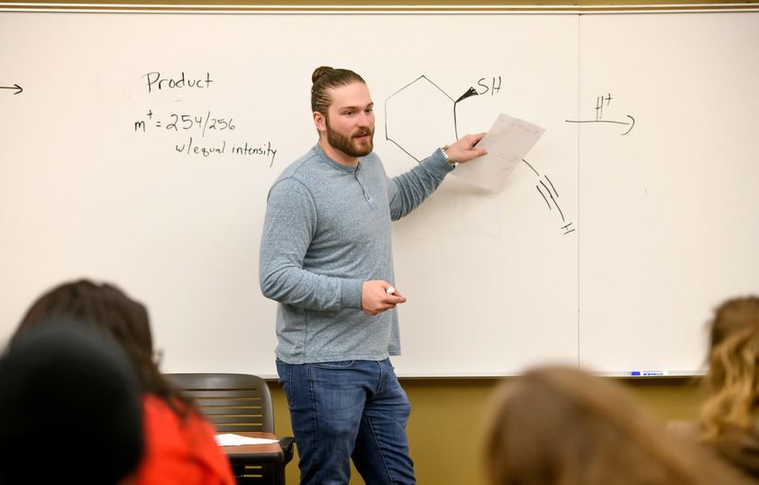 Teacher pointing at white board