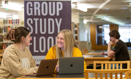 Two students work on laptops
