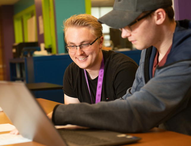 Two students work on statistics coursework together