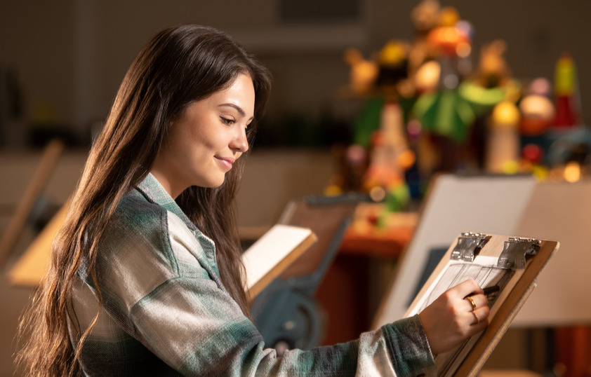 a smiling student drawing on paper at a drawing board