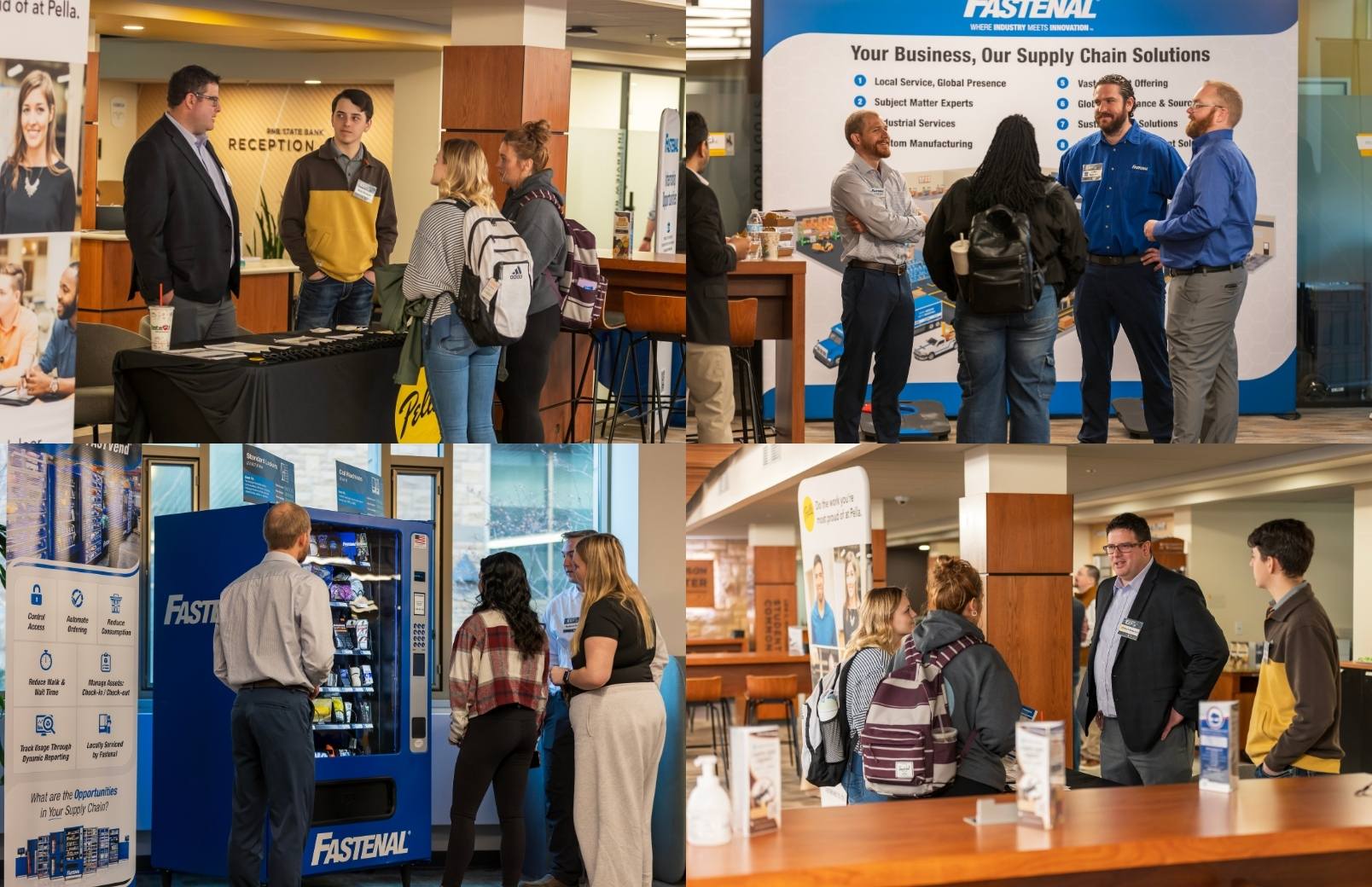A student talks to a group of workers at a career fair