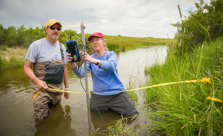 Two researchers examine a piece of equipment while standing in a body of water