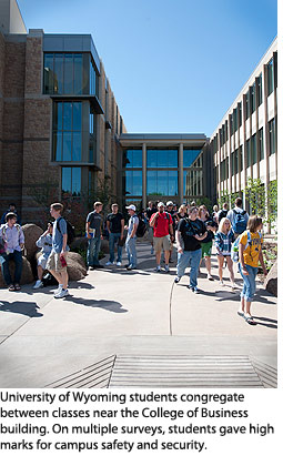 University of Wyoming students congregate between classes near the College of Business building. On multiple surveys, students gave high marks for campus safety and security.