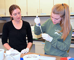 two women in a lab, one using pipette
