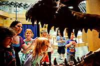 group of children staring at t-rex skull
