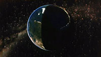 view of planet from space, with half lit by sun