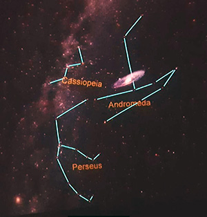 photo of night sky with constellations outlined and labeled
