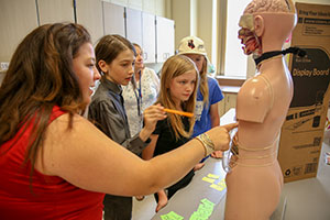woman and several children study anatomical model