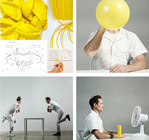 four pictures of people doing things and yellow objects