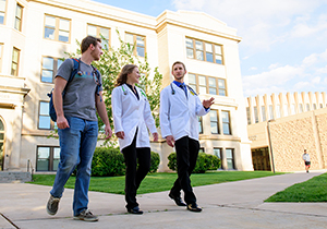 People with stethoscopes walking in front of a building