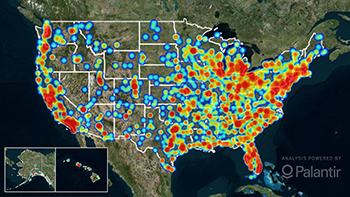 map of the United States with heat signatures on it