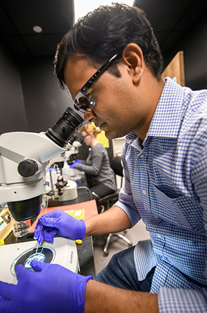 man looking through a microscope